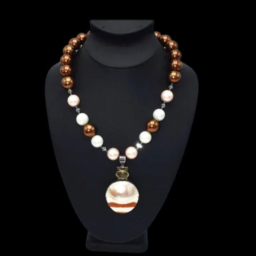 Chunky 925 Mother of Pearl Topaz Pendant Pearl Beads Necklace Sterling Silver